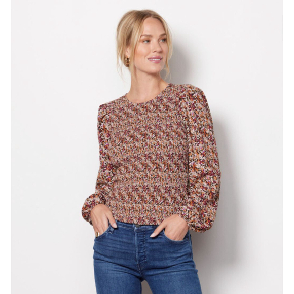 Evereve Margaret Floral Smocked Elastic Cuff Puff Sleeve Blouse Size XS - Picture 2 of 10